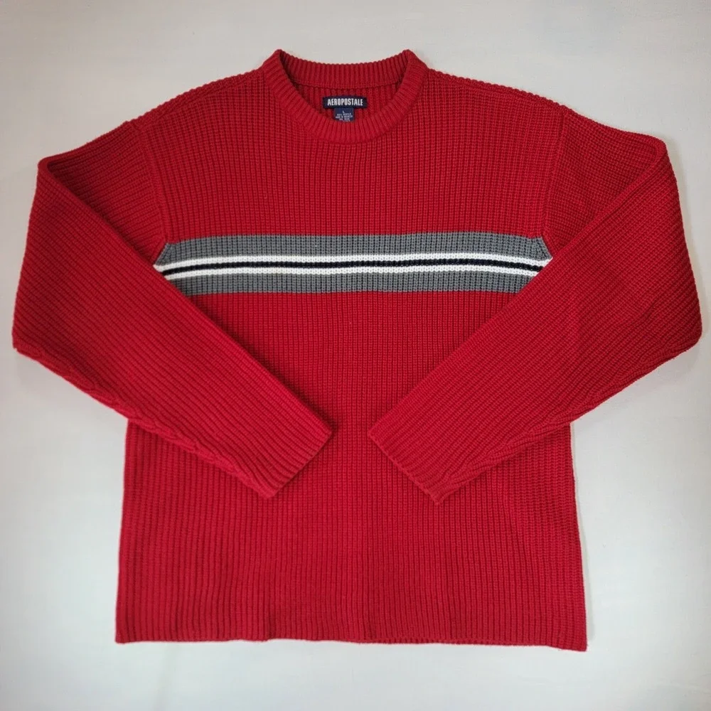 Aeropostale Mens Large Red Ribbed Crewneck Sweater Gray Chest Stripe Pullover